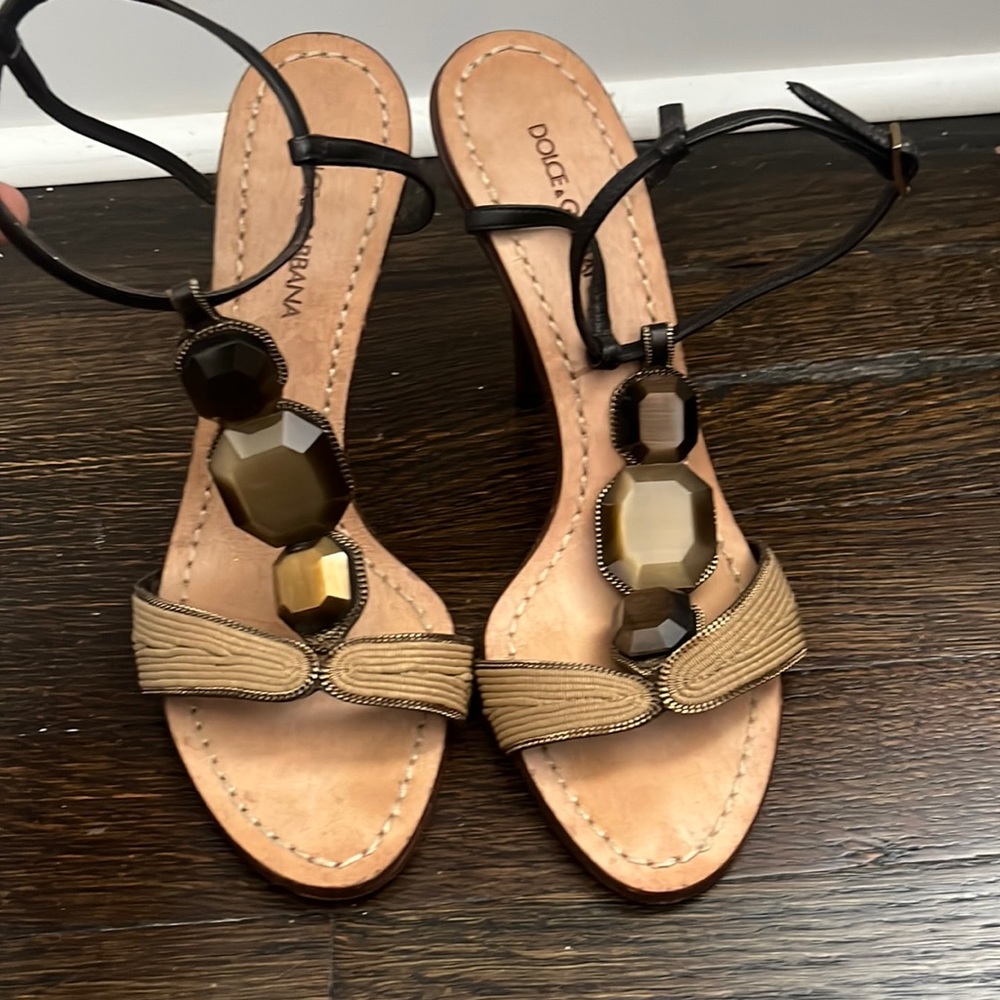 Dolce & Gabbana Brown Leather and Fabric Stone Embellished Sandals
